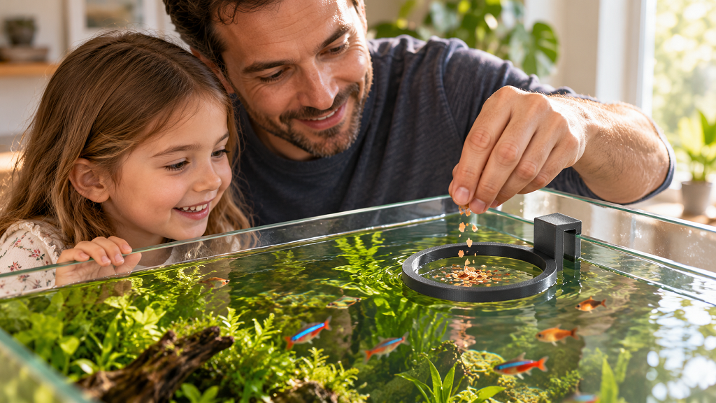 Vater gibt Fischfutter in einen Futterring am Aquarium, während seine Tochter zusieht
