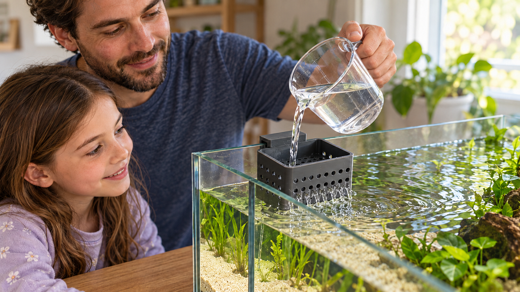Vater gießt Wasser in den Diffusor am Aquarium, während seine Tochter zusieht